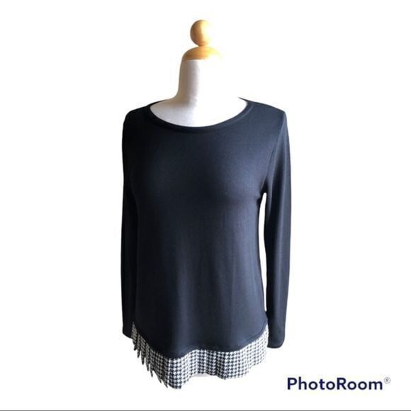 J Crew black long sleeve top with houndstooth pleated hem medium - Picture 1 of 6